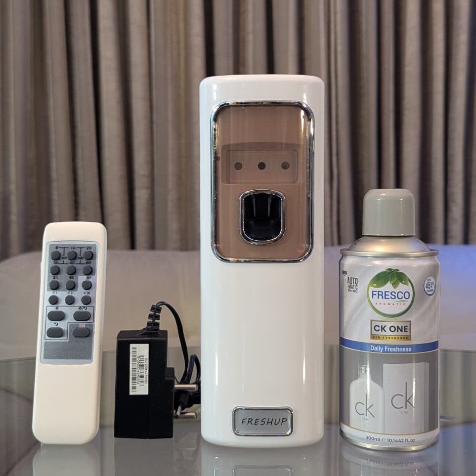 Freshup Automatic Air Freshener Dispenser with Remote, Adapter & Refill – Dual Power Spray Machine