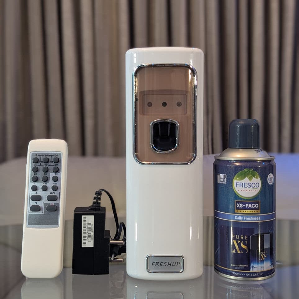Freshup Automatic Air Freshener Dispenser with Remote, Adapter & Refill – Dual Power Spray Machine