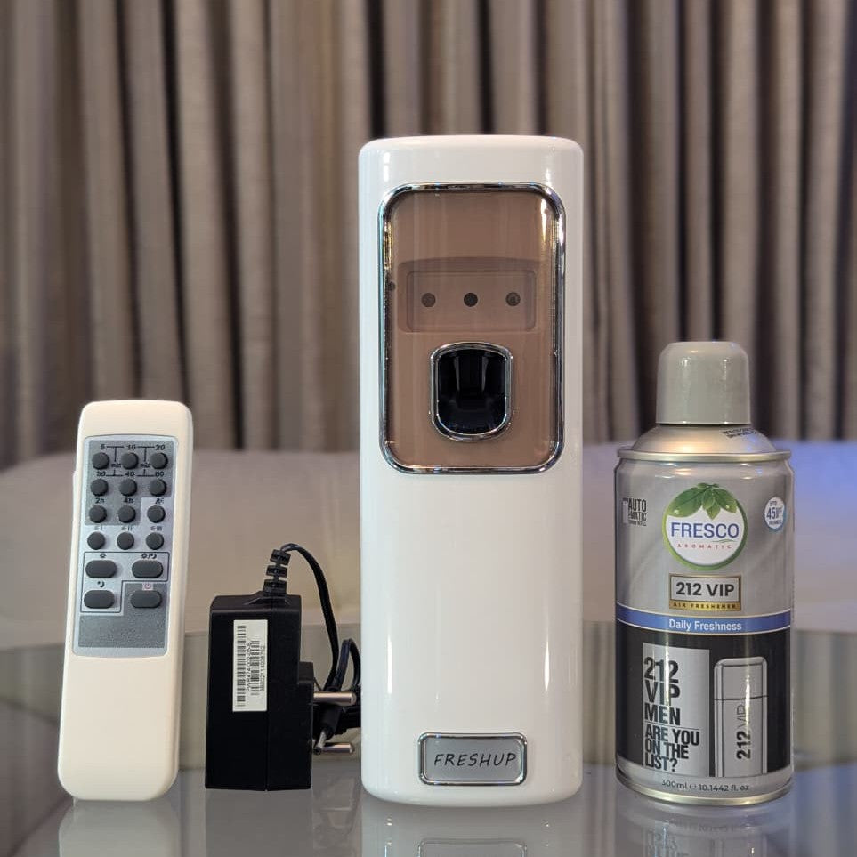 Freshup Automatic Air Freshener Dispenser with Remote, Adapter & Refill – Dual Power Spray Machine