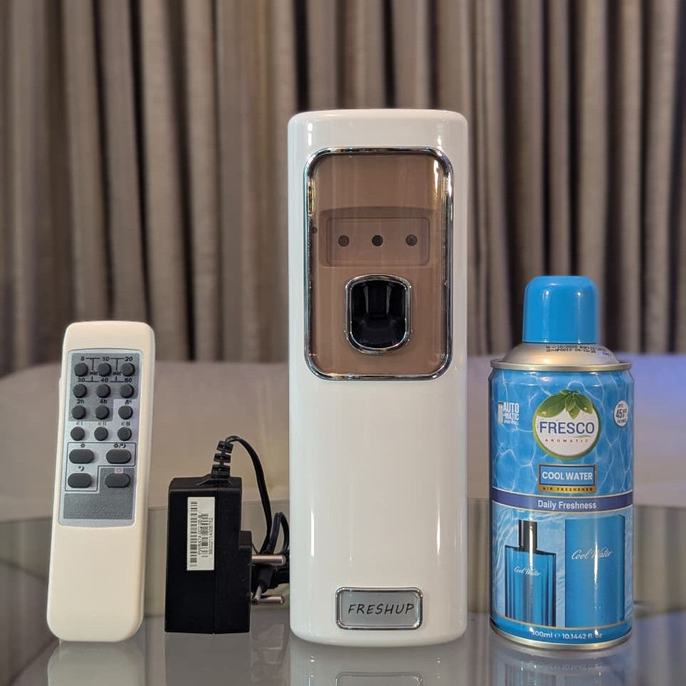 Freshup Automatic Air Freshener Dispenser with Remote, Adapter & Refill – Dual Power Spray Machine