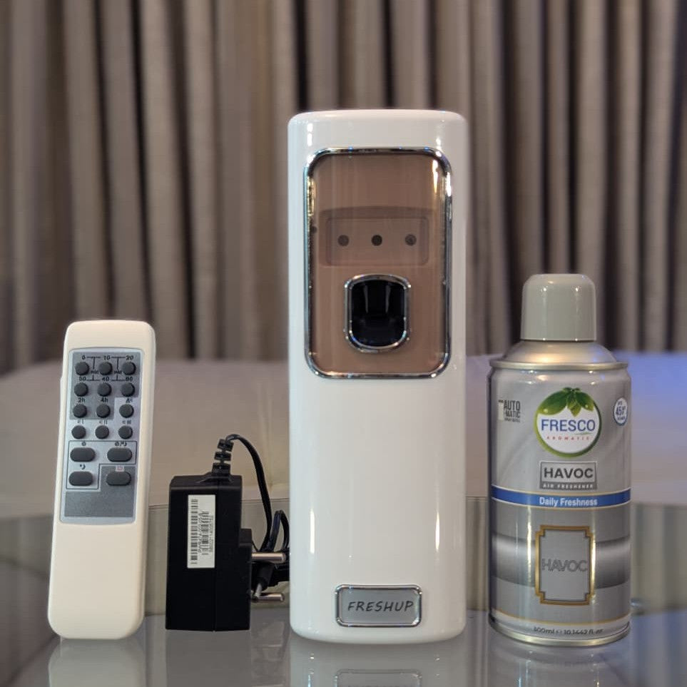 Freshup Automatic Air Freshener Dispenser with Remote, Adapter & Refill – Dual Power Spray Machine