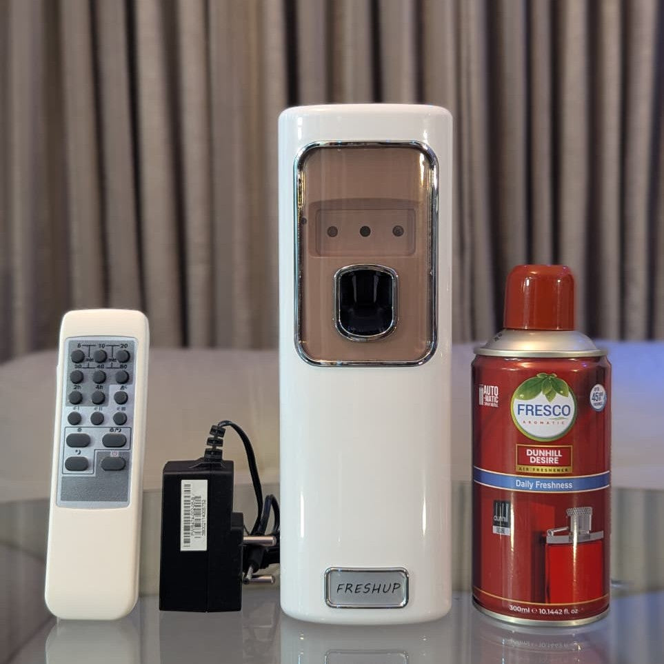 Freshup Automatic Air Freshener Dispenser with Remote, Adapter & Refill – Dual Power Spray Machine