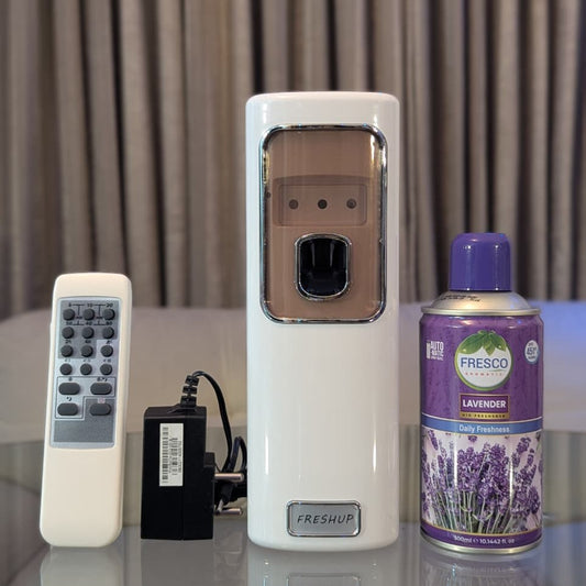 Freshup Automatic Air Freshener Dispenser with Remote, Adapter & Refill – Dual Power Spray Machine