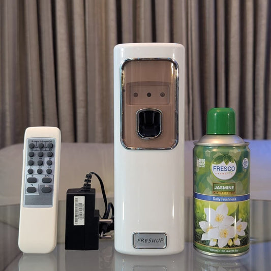 Freshup Automatic Air Freshener Dispenser with Remote, Adapter & Refill – Dual Power Spray Machine
