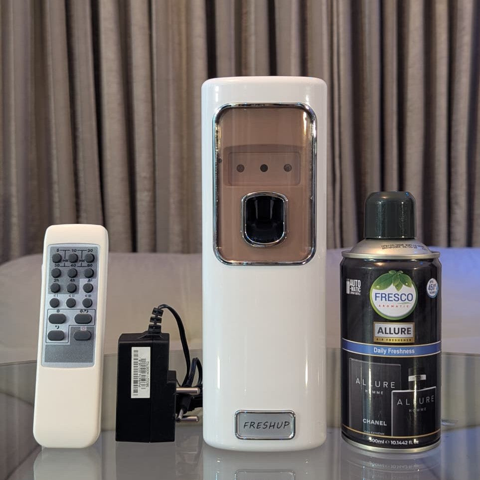Freshup Automatic Air Freshener Dispenser with Remote, Adapter & Refill – Dual Power Spray Machine