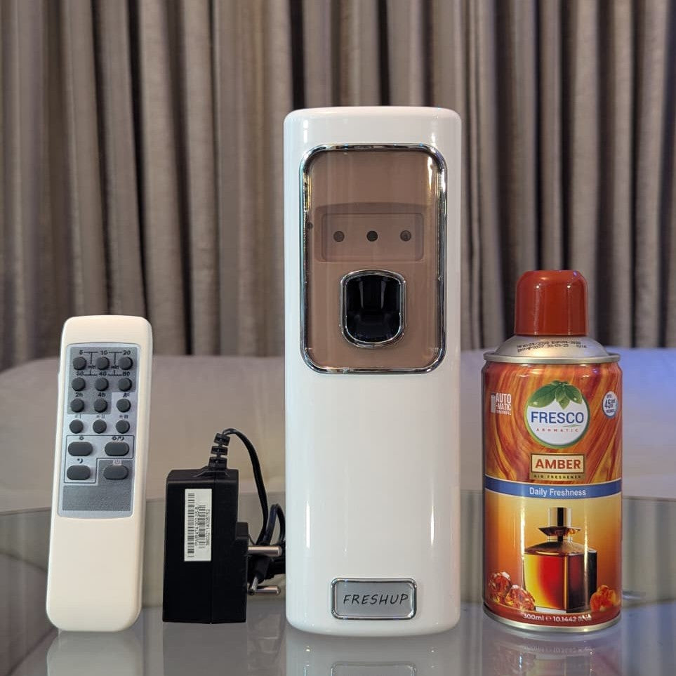 Freshup Automatic Air Freshener Dispenser with Remote, Adapter & Refill – Dual Power Spray Machine