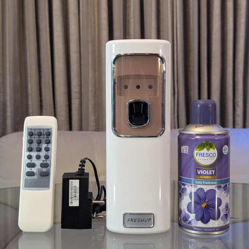 Freshup Automatic Air Freshener Dispenser with Remote, Adapter & Refill – Dual Power Spray Machine