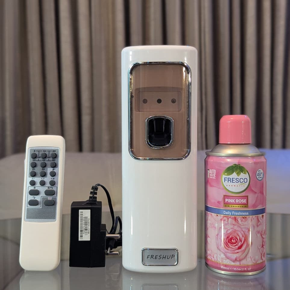 Freshup Automatic Air Freshener Dispenser with Remote, Adapter & Refill – Dual Power Spray Machine