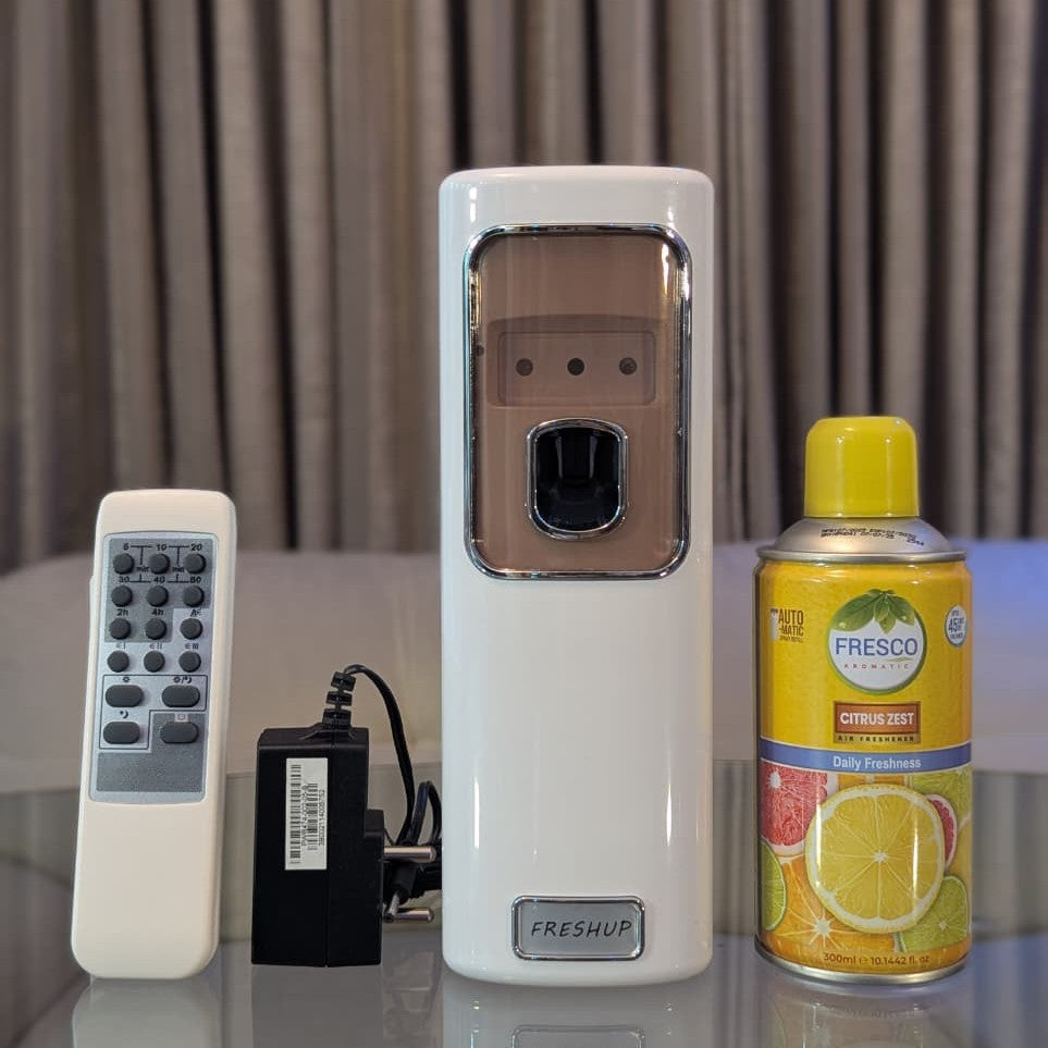 Freshup Automatic Air Freshener Dispenser with Remote, Adapter & Refill – Dual Power Spray Machine