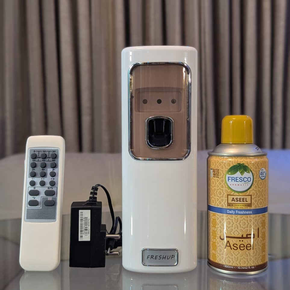 Freshup Automatic Air Freshener Dispenser with Remote, Adapter & Refill – Dual Power Spray Machine